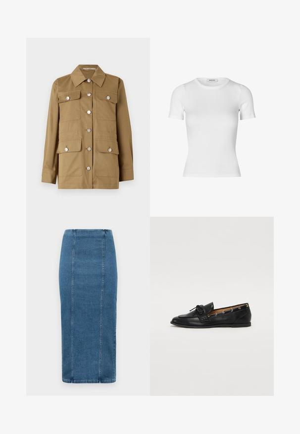 Khaki jacket with a classic collar, silver buttons, four front pockets, and long sleeves. Made from a smooth fabric with a structured fit.; White short-sleeve t-shirt made of ribbed cotton fabric. Fitted design with a crew neckline and a smooth texture. No patterns or embellishments.; Blue denim pencil skirt with vertical seams and a high waist, falling below the knee, displayed on a white background.; Black leather loafers with a tied bow, featuring gold eyelet accents along the sides and a flat rubber sole. Smooth texture, classic design.