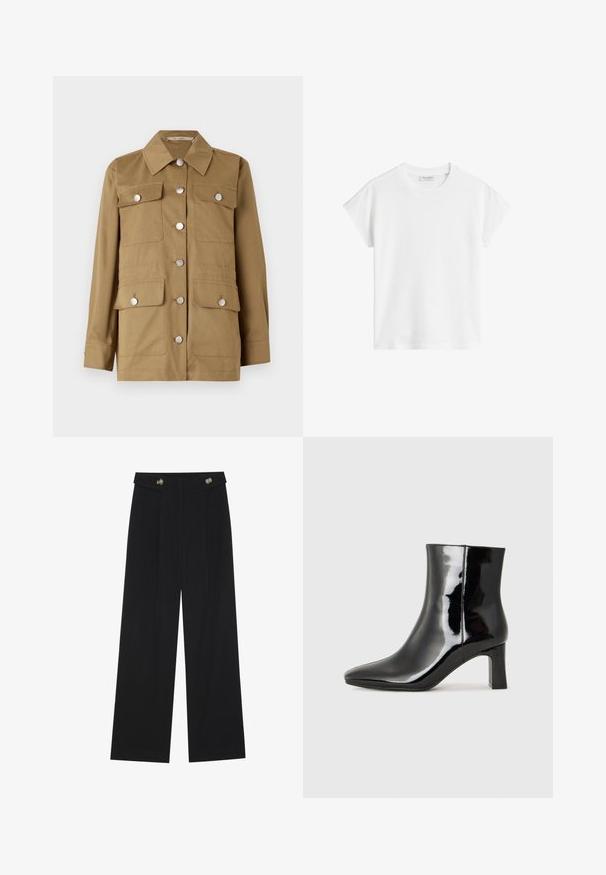 Maslinasta jakna s klasičnim ovratnikom, srebrnim gumbima, četiri prednja džepa i dugim rukavima. Izrađena od glatkog materijala s oblikovanim krojem.; Bijela kratka majica s kratkim rukavima izrađena od pamuka. Ima ležeran kroj s okruglim izrezom i malo spuštenim šavovima na ramenima. Bez uzoraka ili ukrasa.; Crne hlače širokih nogavica s visokim strukom, s dugmadi na pojasu i prednjim nabora.; Crne lakirane kožne gležnjače s šiljastim prstom i srednje visokom blok petom. Glatka tekstura i minimalistički dizajn.