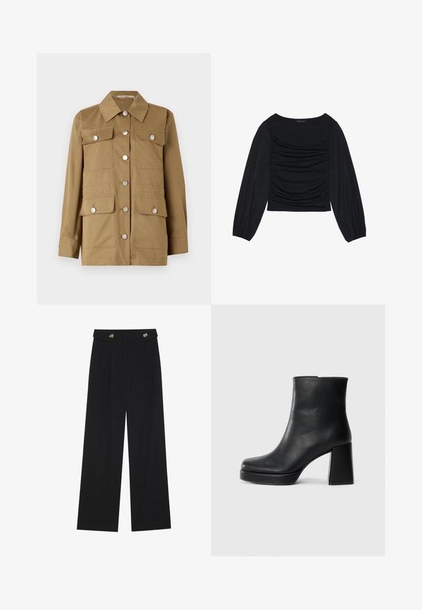 Kaki jakke med klassisk krage, sølvknapper, fire frontlommer og lange ermer. Laget av et glatt stoff med en strukturert passform.; Svart langermet topp med rynket stoffdetalj foran og ved håndleddene, laget av mykt, elastisk materiale med båthals.; Svart vide bukser med høy midje, knappdetaljer på midjebåndet og frontplisser.; Sorte skinnankelsko med blokkhæl og plattformsåle, sett fra siden på en enkel hvit bakgrunn.