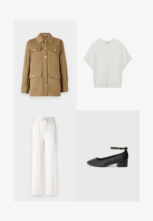 Kaki jakna s klasičnim ovratnikom, srebrnimi gumbi, štirimi sprednjimi žepi in dolgimi rokavi. Narejena iz gladkega blaga s strukturirano prileganjem.; Bela majica s kratkimi rokavi in širokim ovratnikom ter teksturiranim rebrastim vzorcem, izdelana iz mehke tkanine, z udobnim krojem in čistim dizajnom.; Bele široke hlače iz mehkega materiala, z elastičnim pasom in gladko teksturo. Brez vzorcev ali okrasnih dodatkov.; Črne usnjene pumpice z nazobčanimi prsti in nizko blokasto peto. Imajo trak okoli gležnja z zaponko v zlatem tonu. Gladka tekstura.