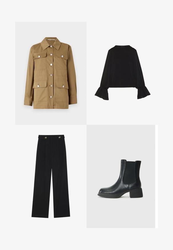 Casaco caqui com colarinho clássico, botões prateados, quatro bolsos frontais e mangas longas. Feito de um tecido suave com um ajuste estruturado.; Top preto de mangas longas com punhos largos, textura suave e um corte descontraído, com um simples decote redondo.; Calças largas pretas com cintura alta, detalhes em botão na cintura e pregas frontais.; Bota de tornozelo em couro preto com painéis laterais elásticos, bico arredondado e um pequeno salto bloco. A superfície tem uma textura suave e um detalhamento mínimo.