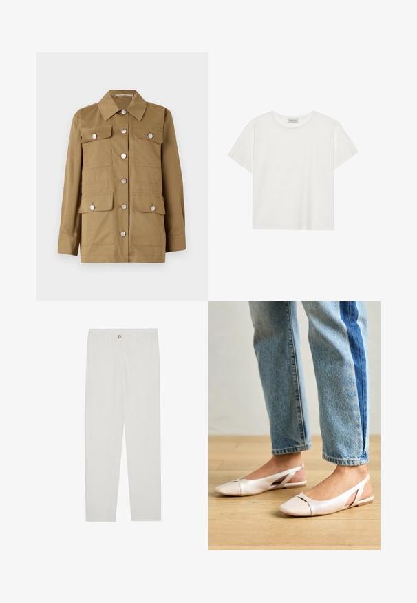Khaaki jope klassikalise kraega, hõbedaste nuppudega, nelja esikotsega ja pikkade varrukatega. Valmistatud siledast kangast, millel on struktureeritud lõige.; Valge lühikeste varrukatega t-särk, mis on valmistatud pehmest puuvillast. Omab ümmargust kaelust ja mugavat lõiget. Puhtad jooned, ilma nähtavate mustrite või aktsentideta.; Valged kohandatud püksid sirge lõikega, varustatud nupuga kinnitusega, vöödega ja küljetaskutega; sile kangatekstuur.; Kahvatu roosa slingback lapikute jalatsite paar, millel on terav varvas, valmistatud siledast nahataolisest materjalist. Omab külgedel lõikekohti ja lapikut kontsa.