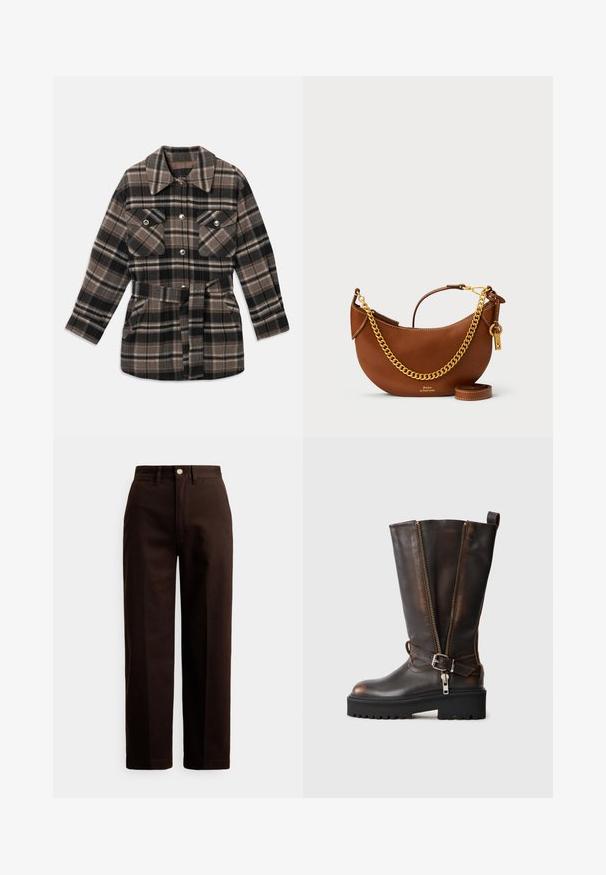 Plaid shirt jacket in shades of brown, black, and beige. Features a collared neck, two chest pockets, a belted waist, and snap buttons.; Brown, chunky knit turtleneck sweater with ribbed collar and hem. Features long sleeves and a relaxed fit, made from soft textile material.; Dark brown straight-leg pants with button and zipper closure, belt loops, and front pockets against a white background.; Brown leather knee-high boot with dual zippers, adjustable buckle strap, and chunky rubber sole. Features a smooth and textured finish.; Brown leather handbag with a curved design, gold chain strap, interior pocket, and a detachable shoulder strap. Features contrasting stitching.