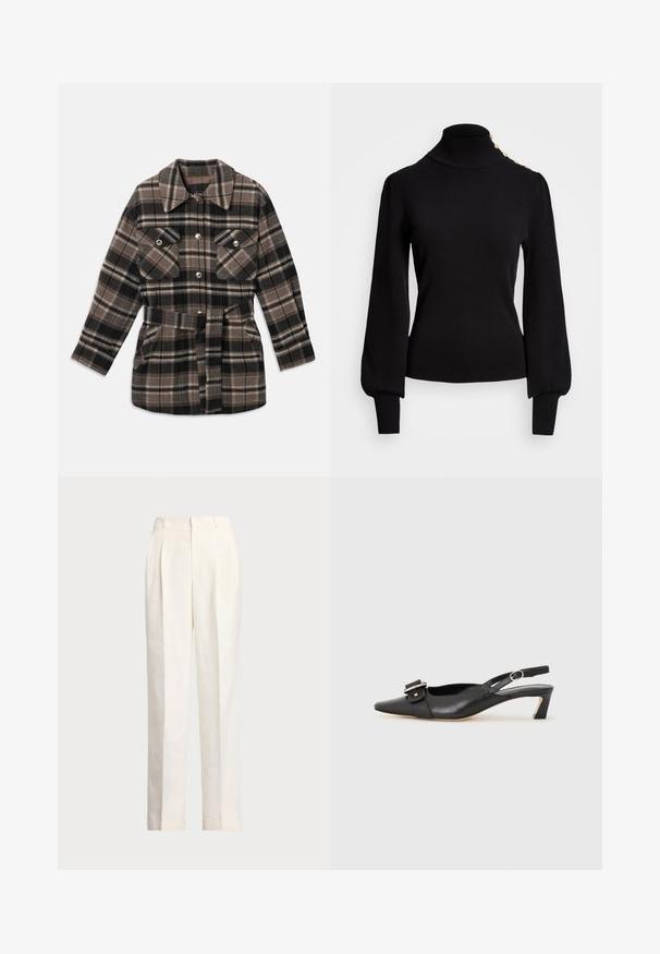 Ruudullinen takki ruskean, mustan ja béžin sävyissä. Siinä on kauluskot, kaksi rinta-taskua, vyötärövyö ja nepparit.; Mustat poolokaulustakki, jossa on ribbikuvio, puffihihoja, vartalonmyötäinen malli ja kultanappikoristeet olkapäillä.; Polo Ralph Lauren HEMP WIDE LEG PANT - Housut - nevis; Musta nahkainen slingback-kengät terävällä kärjellä, pienellä korolla ja koristeellisella solkikuvioinnilla yläosassa. Sujuva pinta, minimalistinen muotoilu.