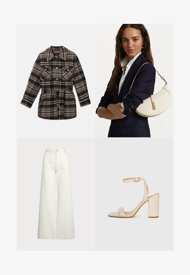 Kostkovaná košile v odstínech hnědé, černé a béžové. Má límeček, dvě náprsní kapsy, pás s přezkou a patentky.; Krátký rukáv, pruhované tričko ve krémové a námořnické barvě, s kulatým výstřihem a širokým střihem z texturovaného materiálu.; Džíny s širokými nohavicemi v off-white denim. Vysoký pas s knoflíkovým zapínáním, dvě přední kapsy a detaily kontrastního šití.; Béžová sandál s vysokým podpatkem, čtveratou špičkou, tenkým kotníkovým páskem a blokovým podpatkem. Hladká kožená textura s detaily ve zlaté barvě.; Bílá kožená kabelka zakřiveného tvaru, se zlatými doplňky a texturovaným povrchem, nošená přes tmavý blazer a bílou košili.
