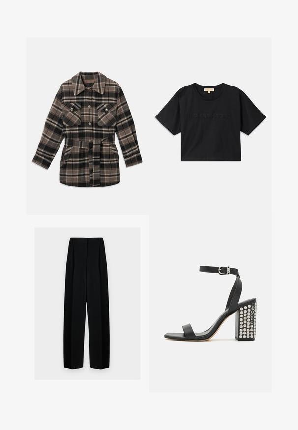 Karirani jakna košulja u nijansama smeđe, crne i bež. Ima ovratnik, dva džepa na prsima, pojas u struku i dugmad na preklapanje.; Crna kratka majica od pamuka. Ima okrugli izrez i kratke rukave. "MICHAEL KORS" izvezena u boji koja odgovara na prednjoj strani.; Crne široke hlače s visokim strukom, s naborima i glatkom teksturom. Tkanina izgleda lagano i elegantno pada.; Crne sandale na petu od kože s remenom oko gležnja. Imaju kvadratni vrh, glatku teksturu i kvadratnu blok petu ukrašenu srebrnim zakovicama.