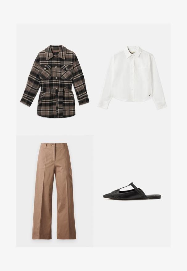 Chaqueta de camisa a cuadros en tonos marrones, negros y beige. Presenta un cuello con solapa, dos bolsillos en el pecho, una cinturilla con correa y botones a presión.; Camisa blanca de manga larga recortada hecha de algodón. Presenta un cierre frontal con botones, un bolsillo en el pecho y un pequeño logo negro en la parte inferior izquierda.; Pantalones de pierna ancha marrones, confeccionados en una tela suave, con un cierre frontal de botón, dos bolsillos frontales y líneas limpias y ajustadas.; Zapato de piel negra tipo slingback con punta afilada, que presenta un detalle trenzado y un diseño superior plisado. Suela plana con hardware mínimo.