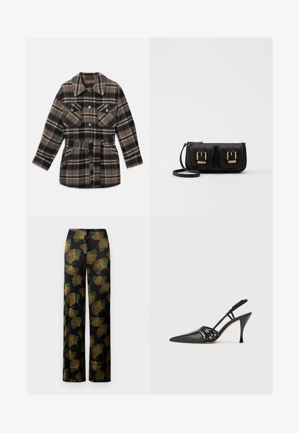 Kostkovaná košile v odstínech hnědé, černé a béžové. Má límeček, dvě náprsní kapsy, pás s přezkou a patentky.; Bílý zkrácený tričko s uvolněným střihem, širokými krátkými rukávy, kulatým výstřihem a bočními rozparky, vyrobené z jemného bavlněného materiálu.; Černé kalhoty s širokými nohavicemi zdobené potiskem listů gingko v zelené a oranžové barvě. Tkanina má jemnou strukturu, která podtrhuje vzor po celém povrchu.; Černá kožená lodička na vysokém podpatku s otevřenou patou, špičatou špičkou, křížovými popruhy a štíhlým jehlovým podpatkem. Hladký povrch a minimální akcenty.; Černá kožená crossbody taška se dvěma předními kapsami, zlatými přezkami, zipovým uzávěrem a štíhlým popruhem. Texturovaný povrch a kompaktní obdélníkový tvar.
