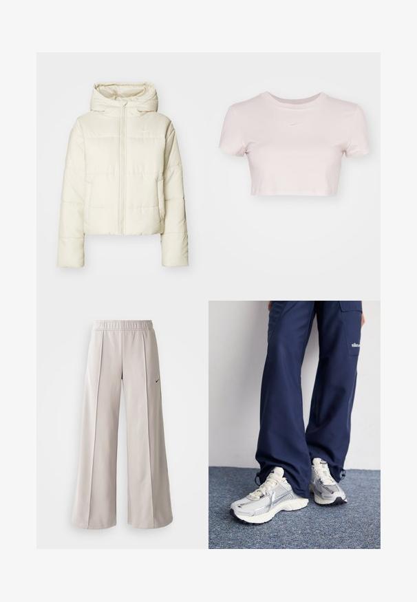 Kreminė pūkinė striukė su kapišonu, pilnu priekiniu užtrauktuku ir logotipu. Medžiaga yra lygi, su siuvinėtu tekstūru ir trumpa forma.; Šviesiai rožinė trumpa marškinė, pagaminta iš minkštos medžiagos. Turi apvalų kaklą ir trumpas rankoves, su mažu baltu Nike logotipu ant krūtinės.; Šviesiai pilki plačių kojų kelnės, pagamintos iš lygaus audinio. Turi elastingą juosmenį ir juodą Nike logotipą kairėje pusėje.; Nike sportiniai batai su sidabro spalvos tinklu, baltais akcentais ir tekstūruotais pado, derinami su laisvais tamsiai mėlynais kelnais.