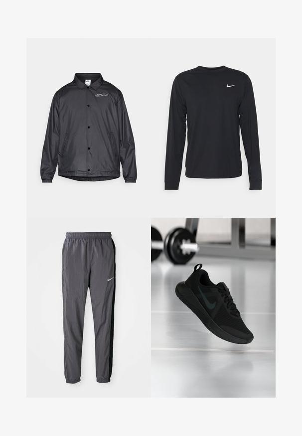 Crna jakna protiv vjetra s ovratnikom, kopčanjem na gumbi, elastičnim manžetama, bočnim džepovima i logotipom na lijevoj strani prsiju. Lagani materijal.; Crna majica dugih rukava izrađena od glatkog materijala, s okruglim izrezom i malim bijelim Nike logotipom na gornjem lijevom dijelu prsiju.; Nike trenirke, napravljene od laganog materijala, u tamno sivoj boji s crnim bočnim panelima. Sadrže elastičnu traku u struku i reflektirajući logo.; Crna sportska cipela s teksturiranim mrežastim gornjim dijelom, gumenim potplatom i istaknutim tamnim logotipom swoosh. Ima podstavljen ovratnik i dizajn s vezicama.