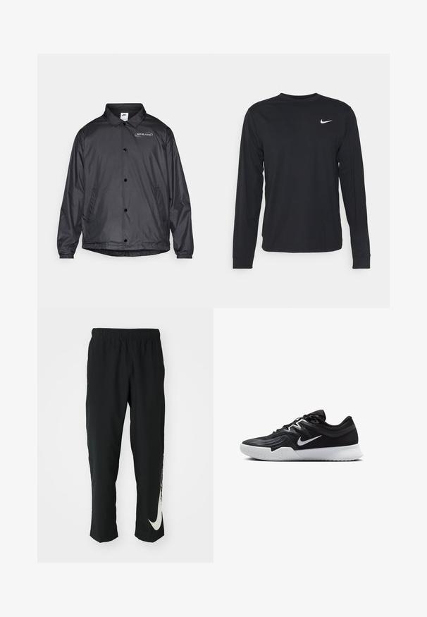 Melns vējjaka ar apkakles kaklu, pogām, elastīgām aprocēm, sānu kabatām un logo kreisajā krūtī. Viegls audums.; Melna garo piedurkņu krekls, izgatavots no gludas auduma, ar apaļu kakla izgriezumu un mazu baltu Nike logotipu kreisajā augšējā krūtīs.; Melni sporta bikses ar elastīgu jostasvīru, ar sašaurinātu dizainu, kurām uz kreisā kājas gabala ir liels balts Nike logo. Mīksts, viegls audums.; Melni sporta apavi ar teksturētu virsu, balto Nike zulumu un balto gumijas zoli. Iezīmējas ar auklu pievilkšanas dizainu un dinamisku formu.