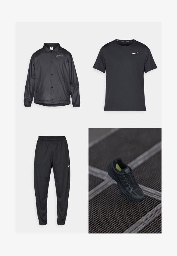 Čierna vetrovka s golierom, zapínaním na cvoky, elastickými manžetami, bočnými vreckami a logom na ľavej hrudi. Ľahký materiál.; Čierne bežecké tričko Nike vyrobené z ľahkého a priedušného materiálu, s krátkymi rukávmi a malým bielym logom na hrudi.; Čierne atletické nohavice s elastickým pásom, zúženými nohavicami a malým bielym logom Nike na ľavom stehne. Hladká tkanina, bez vzorov.; Čierna športová topánka s vrchom z pletiva a syntetického materiálu, textúrovanou podrážkou a neónovými zelenými akcentmi vo vnútri. Obsahuje šnúrky a výrazné logo.
