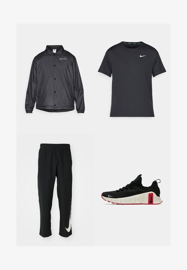Black windbreaker jacket with a collared neck, snap buttons, elastic cuffs, side pockets, and a logo on the left chest. Lightweight fabric.; Black Nike running T-shirt made of lightweight, breathable material, featuring short sleeves and a small white logo on the chest.; Black athletic pants with elastic waistband, tapering design, featuring a large white Nike logo on the left leg. Soft, lightweight fabric.; Black and red athletic sneaker with white sole, low top, lace-up front, and pull tab at heel, shown in side profile on white background.