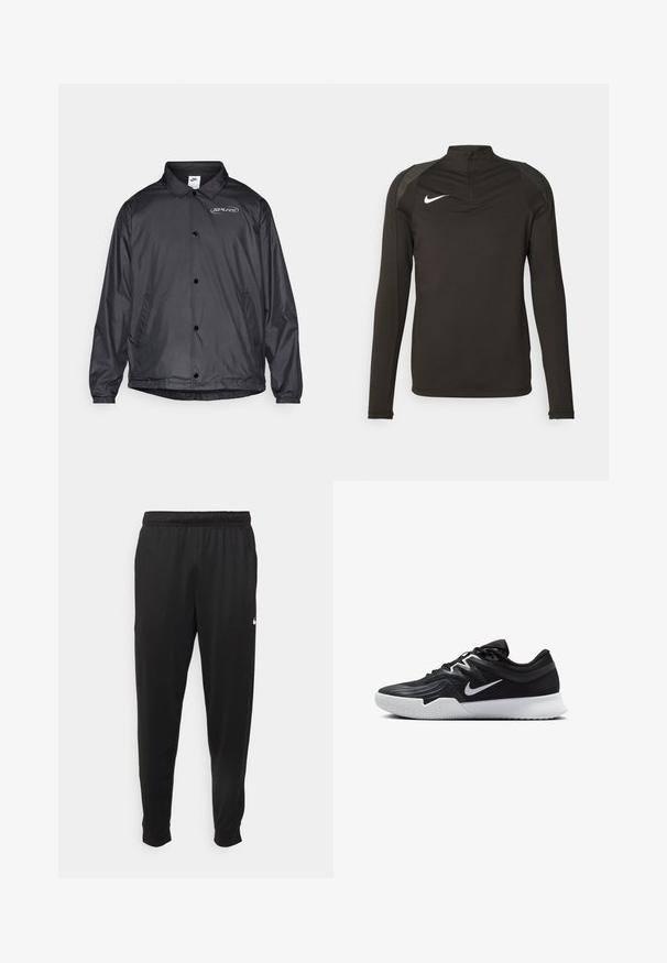 Schwarze Windjacke mit Kragen, Druckknöpfen, elastischen Bündchen, seitlichen Taschen und einem Logo auf der linken Brust. Leichtes Material.; Schwarzes, langärmeliges Sportshirt mit hohem Kragen, Reißverschluss und grauen Schulterakzenten; verfügt über ein weißes Nike-Logo auf der Brust.; Schwarze Sporthosen aus glattem Stoff, mit einem elastischen Bund, schmal zulaufenden Beinen und einem kleinen weißen Logo auf der linken Seite.; Schwarzer Sportschuh mit strukturiertem Obermaterial, weißem Nike-Warenzeichen und einer weißen Gummisohle. Verfügt über ein Schnürdesign und eine dynamische Form.