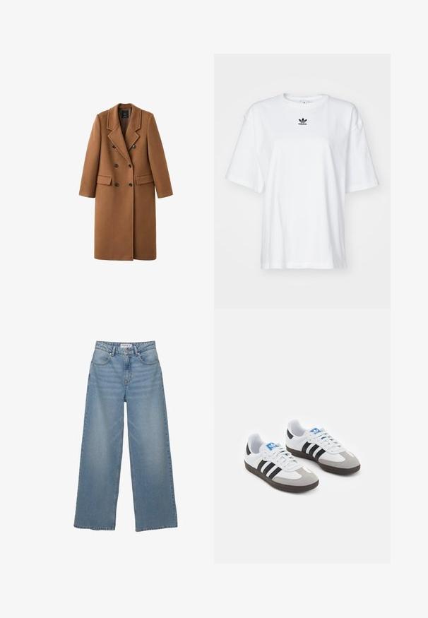 Ruskea villasekoitteinen takki, jossa on kaksirivinen etuosa, uurrettu kaulus ja kaksi sivutaskua. Varustettu mustilla nappeilla ja polvenpituinen muotoilu.; Valkoinen lyhythihainen t-paita, joka on valmistettu puuvillasta. Siinä on pyöreä kaula-aukko ja pieni musta Adidas-logo rinnassa. Suora helma.; Vaaleansiniset leveälahkeiset farkut, valmistettu denimistä. Ominaisuuksiin kuuluu korkea vyötärö, viisi taskua ja suora leikkaus, jolla on vähäistä haalistumista.; Urheilukengät, joissa on valkoinen nahkainen päällinen, harmaa mokkanokka ja kolme mustaa raitaa. Ominaisuuksina sininen logo kielekkeessä ja kuvioitu kumipohja.