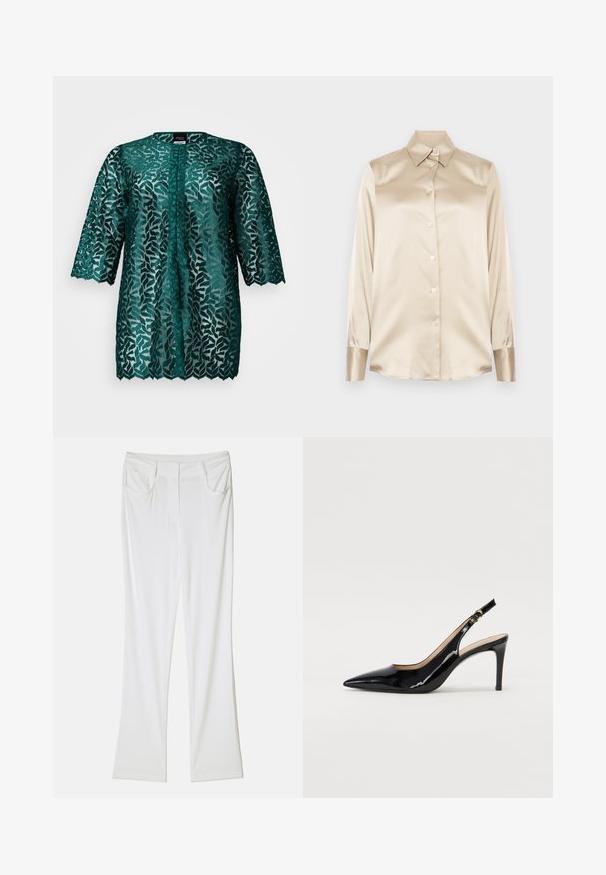 Bluză din dantelă teal cu un model de frunze, decolteu rotund și mâneci până la trei sferturi. Material semi-trasparent cu tiv ondulat și închidere cu nasture.; Cămașă din satin bej cu guler ascuțit, mâneci lungi, închidere cu nasturi și manșete cu o finisare ușor lucioasă. Fără modele sau accente.; Pantaloni albi evazați cu o textură de țesătură netedă, având două buzunare frontale și o talie cusută pentru un aspect ajustat.; Pantofi slingback din piele patent neagră, cu vârful ascuțit, tocul subțire și un design discret cu decupaj. Se evidențiază printr-un cataramă aurie pe curea.