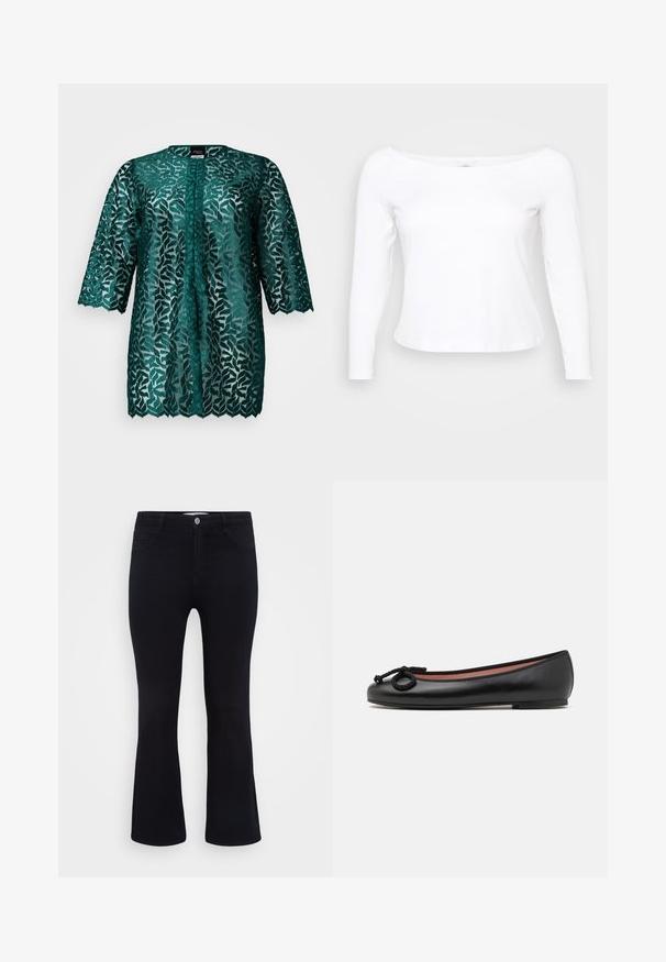 Türkiisi pitsbluus lehepildiga, ümar kaelus ja kolmveerand varrukad. Poolläbipaistev kangas, lainjaline äär ja nööpidega sulgemine.; Valge pika varrukaga särk laia dekolteega, valmistatud pehmest ja siledast materjalist. Omab liibuvat disaini ja lühendatud ääri.; ONLY Carmakoma CARTHUNDER PUSH UP - Alt laienevad teksad - black denim; Mustadest nahast balleti kingad ümmarguse varbaga, kaunistatud dekoratiivse lipsuga ja siledast tekstuurist. Minimalistlik disain madala, lame tallaga.