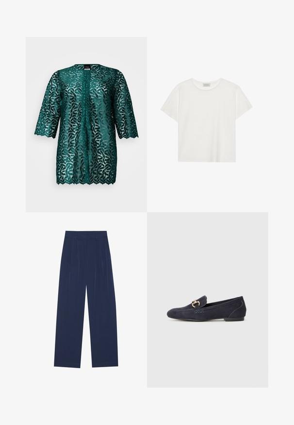 Teal lace blouse with a leaf pattern, round neckline, and three-quarter sleeves. Semi-sheer fabric with scalloped hem and button closure.; White short-sleeve T-shirt made of soft cotton. Features a round neckline and relaxed fit. Clean design with no visible patterns or accents.; Navy blue wide-leg pants made of soft fabric, featuring front pleats, a smooth texture, and a straight fit with no visible pockets.; Navy blue suede loafer with a rounded toe, featuring a decorative metal chain accent and a low heel with contrasting stitching details.