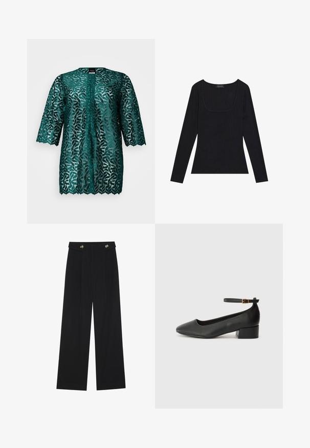 Turkio nėriniuotas palaidinė su lapų raštu, apvaliu iškirpimu ir trimis ketvirtadaliais rankovėmis. Pusiau permatomas audinys su banguotu apvadu ir sagčių uždarymu.; Juodas ilgomis rankovėmis marškinėliai su įribuotu paviršiumi, turintis kvadratinį iškirpimą ir prigludusią formą. Ant jo yra etiketė su užrašu "ANNA FIELD."; Juodi plačios kojos kelnės su aukštu liemeniu, sagų detalėmis ant liemens ir priekinėmis raukšlėmis.; Juodas odinis aukštakulnis batelis su smailiu pirštu ir žemu bloku. Su kulkšnies dirželiu su auksinės spalvos sagtimi. Lygus paviršius.