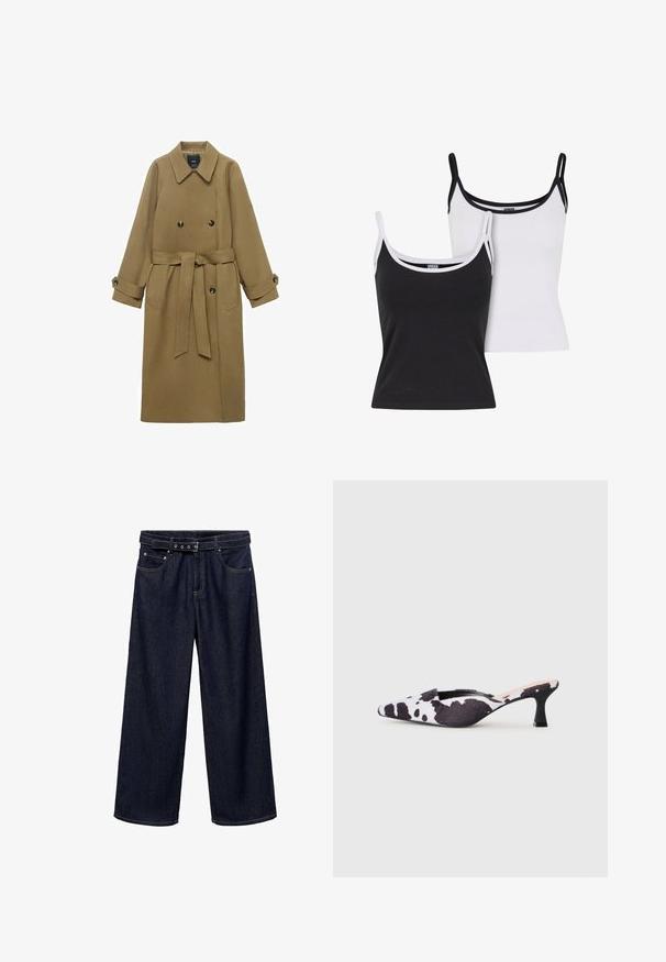 Trench-coat long en camel avec col large à revers, boutons double-breasted, taille ceinturée et poignets à boutons, présenté sur fond blanc.; Deux camisoles en noir et blanc. Fabriquées en tissu doux, avec des bretelles fines et un passepoil contrasté le long de l'encolure et des emmanchures.; Jeans larges bleu foncé en denim. Présentent une taille ceinturée avec plusieurs boutons, des poches avant et une finition soignée aux ourlets.; Talons slingback à bout pointu en design imprimé vache noir et blanc. Tige en tissu avec finition texturée et un fin talon noir.