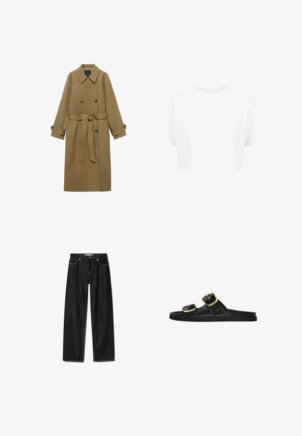 Dlouhý velbloudí trenčkot s širokým klopovým límcem, dvouřadovým zapínáním, páskem v oblasti pasu a manžetami na knoflíky, vystavený na bílém pozadí.; Bílý croppovaný tričko, krátké rukávy, kulatý výstřih, vyrobené z hladkého materiálu, bez viditelných vzorů nebo výrazných detailů.; Tmavé džínové kalhoty se střihovým provedením rovného střihu, zapínání na mosazný knoflík a kontrastním žlutým prošíváním. Obsahují pět kapes a mají klasický střih.; Černé kluzné sandály s dvěma zlatými sponami, hladkým texturovaným materiálem, plochou podrážkou a minimalistickým designem.
