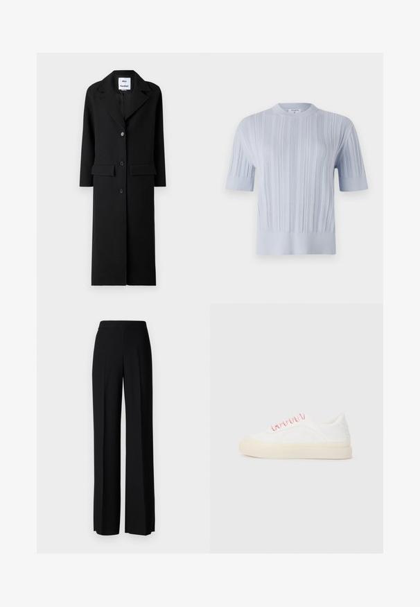 Mustmust jakk, millel on pikad varrukad, sälgklaar ja kolme nupuga esitõmblus. Omab kahte esipocketit ja sirget siluetti.; Hele sinine lühikese varrukaga kootud pehme pluus, millel on vertikaalne sooniline tekstuur ja ümmargune kaelus. Kanga peal on peeneid detaile ning pluusi alläär on vormitud.; Mustad laiad püksid mustas värvitoonis, sujuva tekstuuri ja kõrge vöökoha ning keskmiste voldikutega. Ilma nähtavate mustrite või tarvikute detailideta.; Valged treeningjalatsid roosa paela, mis on valmistatud siledast nahast, ümarate varvaste ja beeži kummitaldiga, sisaldavad õmblusdetailide.