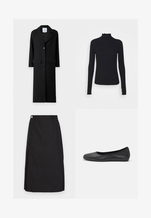Fekete gyapjúkabát hosszú ujjal, kerek nyakkivágással és háromgombos elülső záródással. Két elülső zsebbel és egyenes szabásvonallal rendelkezik.; Fekete, hosszú ujjú, garbós felső sima anyagból, fodros gallérral és illeszkedő sziluettel, egyszerű élekkel.; Fekete, térd fölé érő szoknya sima anyagból, elől hasítékkal és fém gombos díszítéssel a derékrészen.; Fekete bőr balettcipő lekerekített orral, sima tekstúrával, minimális varrással és rugalmas talp kialakítással.