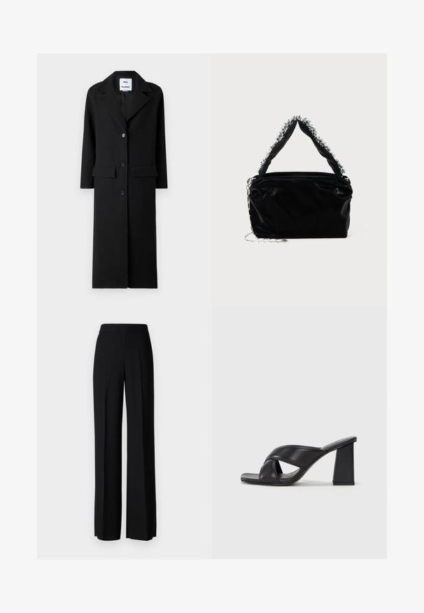 Schwarzer Wollmantel mit langen Ärmeln, Reverskragen und dreiknöpfigem Vorderverschluss. Verfügt über zwei Vordertaschen und eine gerade Silhouette.; Schwarzes ärmelloses Oberteil aus weichem Baumwollstoff. Mit Rundhalsausschnitt und normalem Saum. Einfaches Design, ohne sichtbare Muster oder Akzente.; Schwarze weite Hosen mit einer glatten Textur, ausgestattet mit einem hohen Bund und mittleren Falten. Keine sichtbaren Muster oder Hardware-Details.; MAX&Co. SOHO - High Heel Sandalette - schwarz; Schwarze Handtasche aus Kunstleder mit strukturiertem Finish, ausgestattet mit einem mit Perlen verzierten silbernen Akzent am oberen Griff und einem Kettenriemen.