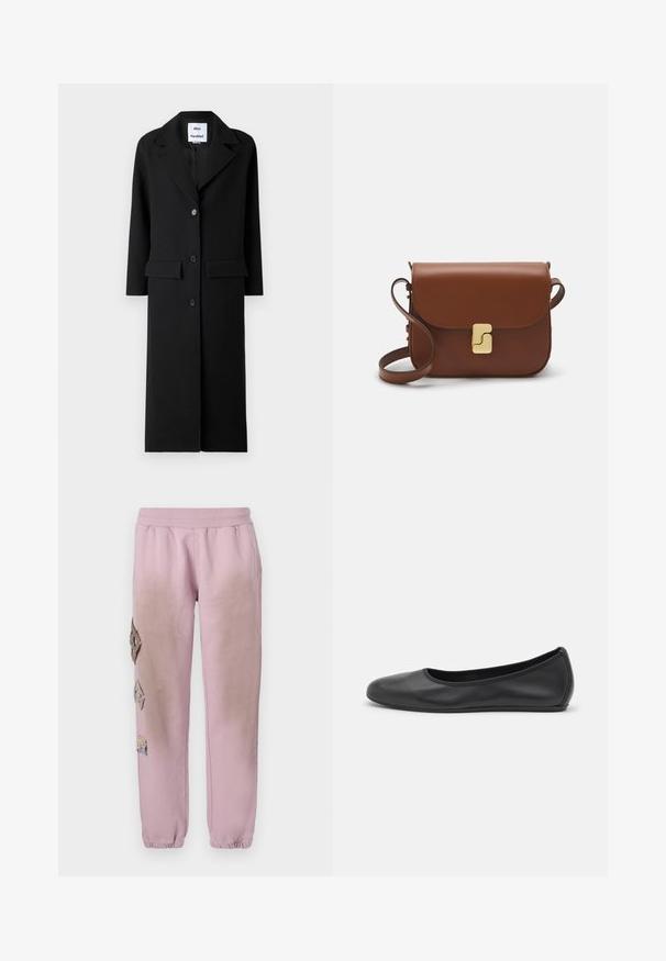 Abrigo de lana negro con mangas largas, cuello de muesca y cierre frontal de tres botones. Presenta dos bolsillos frontales y una silueta recta.; Camiseta de manga corta blanca hecha de tela de canalé. Cuello redondo, corte regular y detalles de costura sutiles. Sin patrones ni gráficos.; Pantalones de chándal rosas con cintura elástica, que presentan parches decorativos en forma de diamante en el lado izquierdo y puños elásticos en los tobillos.; Bailarina de piel negra con punta redondeada, textura suave, detalle de costura minimalista y diseño de suela flexible.; Bolso de mano de cuero marrón con cierre de solapa, herrajes en tono dorado, correa para el hombro y una textura suave. Forma rectangular compacta.