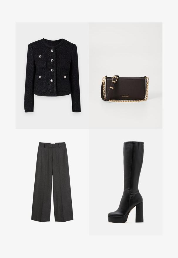 Sort tweedjakke med rund hals, frontknaplukning og fire påsyede lommer. Har metalknapper og en struktureret overflade.; Hvid skjorte med knaplukning, lange ærmer, struktureret krave og rundet kant. Fremstillet af et glat, ensfarvet stof uden synlige mønstre eller detaljer.; Bredde bukser i mørkegrå stof. Har en skræddersyet talje med bæltesløjfer, glat tekstur og minimale syninger som detaljer.; Sorte knæhøje støvler lavet af glat læder med en struktureret overflade, der har en høj blokhælkonstruktion og et rundt tådesign.; MICHAEL Michael Kors BRYANT SM XBODY POUCHETTE - Skuldertasker - chocolate