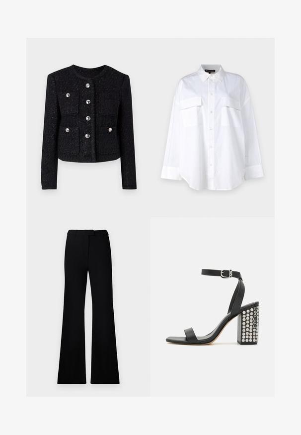 Svart tweedjakke med rund hals, frontlukkning med knapper og fire påsydde lommer. Har metallknapper og en teksturert overflate.; Hvit knapp-up skjorte laget av bomull, med klassisk krage, to brystlommer og lange ermer med mansjetter. Glatt tekstur.; Sorte vide bukser med jevn tekstur, skreddersydd linning og frontlommer, designet med en slank, moderne silhuett.; Svarte lær sandaler med hæl og ankelrem. Har firkantet tå, glatt tekstur og firkantet blokkhæl prydet med sølvnitter.