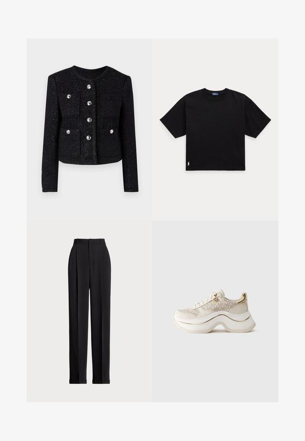 Must kollaste kudumitega jakk ümmarguse kaelusega, esise nööbiga sulgemine ning neli plaastri taskut. Sisaldab metallnööpe ja tekstureeritud viimistlust.; Must musta t-särk lühikeste varrukatega, ümar kaelus ja väike valge logo alumisel vasakul küljel. Klassikaline, kastikujuline lõige minimaalsete detailidega.; Mustad kohandatud püksid kõrge vöökohtaga, ees plisseeritud, sirge sääre disainiga ja mansetiga hem. Valmistatud sileda kangaga.; Beež ja kuldne platvormsneaker "MK" mustriga, nöörimise esiosaga, kuldse ripatsiga ja paksu lainelise tallaga, lihtsa tausta ees.