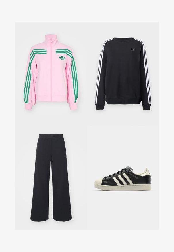 adidas Originals Training jacket - true pink; Black sweatshirt with long sleeves, white stripes running down each arm, and a small gray logo on the chest. Cotton material, casual fit.; Black wide-leg sweatpants made from soft fabric, featuring an elastic waistband and a small logo on the left side.; Black leather sneaker with white stripes, rubber toe cap, black laces, and a cream-colored outsole. Smooth texture with shiny finish.
