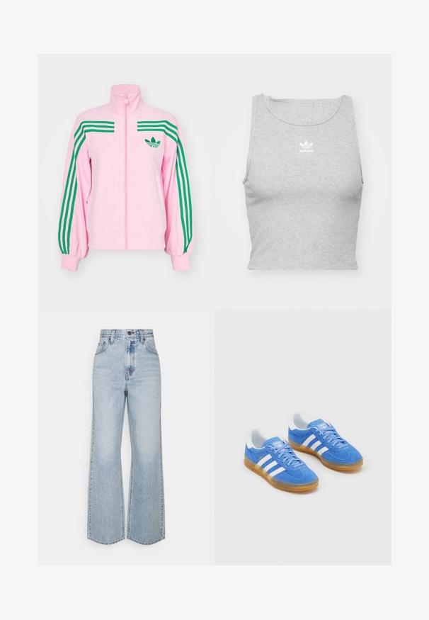 adidas Originals Training jacket - true pink; Grey, sleeveless crop top made of soft fabric, featuring a round neckline and a small white Adidas logo on the chest.; Light blue denim wide-leg jeans featuring a high waist, classic five-pocket design, and contrasting stitching. Raw hem detail at the bottom.; Blue suede sports shoes with white striped accents, rubber sole, and padded collar for comfort. Features classic lace-up design.