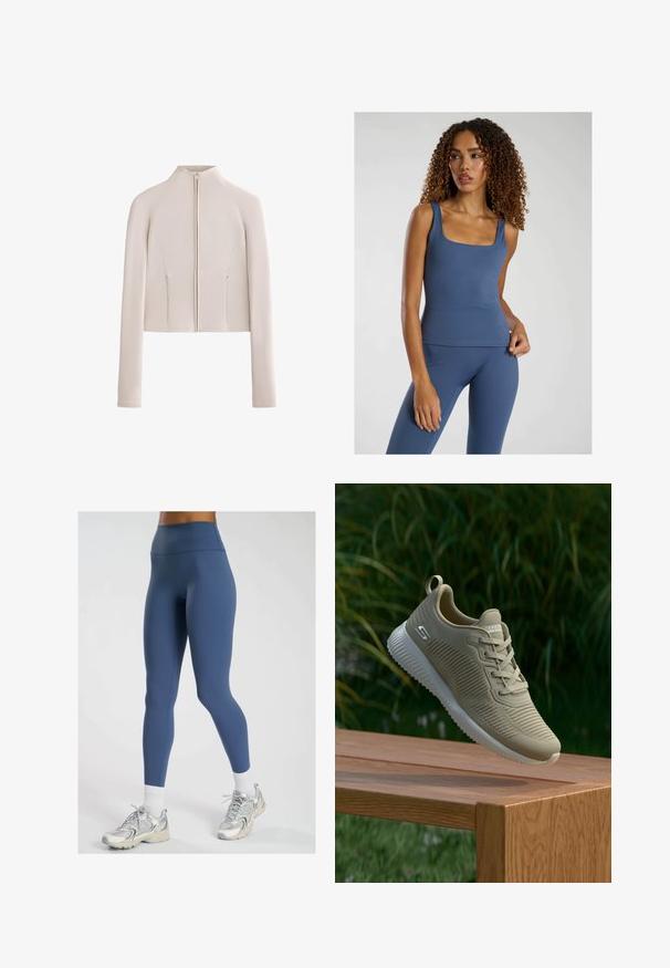 Geknipte lange mouwen jas in zacht beige stof met een hoge kraag en een ritssluiting aan de voorkant; beschikt over naaien details en twee zijzakken.; Blauw aansluitend tanktop met een vierkante halslijn, gemaakt van een gladde, rekbare stof. Gecombineerd met bijpassende high-waisted leggings.; Hoge taille blauwe leggings van rekbare stof met een gladde textuur, met een aansluitend ontwerp en subtiele naden voor comfort.; Beige sportieve schoen met een gestructureerde bovenkant, veters en een ondersteunende hielstrip, rustend op een houten oppervlak, tegen een achtergrond van groene bladeren.