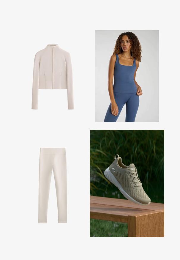 Geknipte lange mouwen jas in zacht beige stof met een hoge kraag en een ritssluiting aan de voorkant; beschikt over naaien details en twee zijzakken.; Blauw aansluitend tanktop met een vierkante halslijn, gemaakt van een gladde, rekbare stof. Gecombineerd met bijpassende high-waisted leggings.; Lichtbeige legging gemaakt van glad, rekbaar materiaal. Beschikt over een hoge, brede tailleband en een getailleerde vorm, zonder zichtbare naden of patronen.; Beige sportieve schoen met een gestructureerde bovenkant, veters en een ondersteunende hielstrip, rustend op een houten oppervlak, tegen een achtergrond van groene bladeren.
