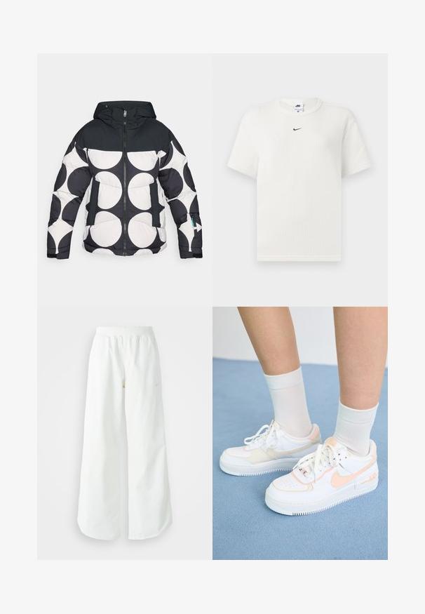 Jachetă căptușită cu glugă, având un model circular alb-negru, fermoar frontal și buzunare cu accente întunecate contrastante.; Tricou alb cu dungi, cu guler rotund și mâneci scurte. Prezintă un mic logo negru Nike pe piept. Material texturat cu o formă ajustată.; Pantaloni atletici largi, alba, cu un talie elastica texturata si detalii subtile cu logo. Material neted, cu o croiala lejera si tiv conformat.; Adidași albaștri cu accente piersici, superior din piele netedă, vârf perforat, talpă texturată și șireturi. Purtați cu șosete albe până la glezna pe o suprafață albastră.
