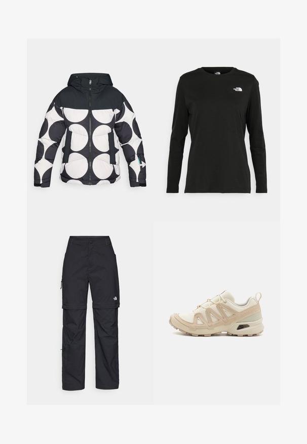 Pikowana kurtka z kapturem, zdobiona czarno-białym okrągłym wzorem, z zamkiem błyskawicznym z przodu oraz kieszeniami z kontrastowymi ciemnymi akcentami.; Czarna koszulka z długim rękawem z bawełny z okrągłym dekoltem. Posiada niewielkie białe logo po lewej stronie na piersi. Prosty design i fason.; Czarne nylonowe spodnie cargo z odpinanymi nogawkami, regulowanymi mankietami, wieloma kieszeniami oraz logo na prawej nogawce. Gładka, lekka tekstura.; Beżowe i kremowe buty sportowe z teksturowanej siateczki, wspierającymi nakładkami oraz gumową podeszwą z wzorem bieżnika zapewniającym przyczepność.