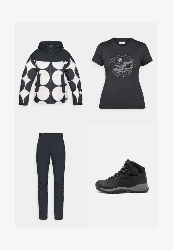 Gewatteerde jas met capuchon, met een zwart-wit cirkelpatroon, ritssluiting aan de voorkant en zakken met contrasterende donkere accenten.; Zwarte Columbia t-shirt met witte cirkelvormige lijntekening van bergen en een rivier en de tekst "Columbia Sportswear Company Outside Since 1938."; Heren buitenbroeken, donkergrijs, gemaakt van flexibel materiaal, met een riem, ritszakken en verstevigde stiksels.; Zwarte wandelschoen met een mid-top ontwerp, voorzien van een gestructureerde bovenkant, grijze accenten en een duurzame rubberen zool met gripnoppen.