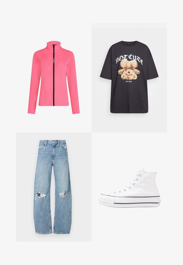 Rozā flīsa jaka ar augstu apkakli, melnu rāvējslēdzēju, gariem piedurknēm un Polartec logo uz piedurknes.; Melna, pārmērīga t-kreklu, kurā attēlots lācis ar uzrakstu "NAV MIERĪGS, BET VILKIS" treknos baltos burtiem. Izgatavots no kokvilnas materiāla.; Gaiši zili, augstās vidukļa džinsi, kas izgatavoti no denima. Iespējas plašas kājas, divas plēstas ceļa daļas un klasiskā piecu kabatu dizains.; Balti augstie kanvas sporta apavi ar melnu gumijas zoli, priekšējo gumijas purngalu un sešām acīm lencēm, kuriem ir tīrs, minimālistisks dizains.