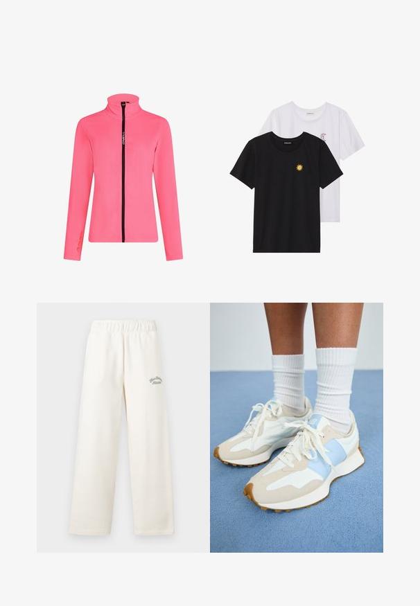 Roze fleecjacket met een hoge kraag, zwarte ritssluiting, lange mouwen en een Polartec-logo op de mouw.; Zwart-witte T-shirts, ronde hals, korte mouwen. Het zwarte shirt heeft gele zon-geborduurde details; het witte shirt heeft een purperen halve maan accent.; Crème kleurige wijde broek gemaakt van zacht materiaal met een elastische tailleband. Heeft subtiele groene geborduurde tekst aan de voorkant.; Lichte sneakers met een beige en lichtblauw ontwerp. Bevatten suède en mesh materialen, witte veters en een gestructureerde gumrubberen zool.