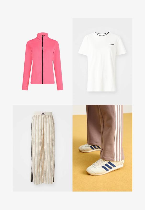 Giacca in pile rosa con colletto alto, chiusura nera con zip, maniche lunghe e logo Polartec sulla manica.; T-shirt bianca in cotone con maniche corte e scollatura rotonda. Presenta un logo Adidas nero sul petto e un colletto interno a contrasto nero.; Pantaloni a gamba larga color crema con un motivo a zigzag, dotati di una fascia in vita nera con logo e strisce nere laterali. Tessuto leggero e testurizzato.; Sneakers crema con strisce in suede blu, lacci bianchi e suola in gomma. Abbinati a pantaloni sportivi grigi con strisce laterali bianche.