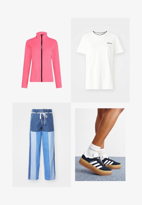 Różowa polarowa kurtka z wysokim kołnierzem, czarnym zapięciem na zamek, długimi rękawami i logo Polartec na rękawie.; Biała bawełniana koszulka z krótkim rękawem i okrągłym dekoltem. Ma czarne logo Adidas na piersi oraz kontrastowy czarny wewnętrzny kołnierzyk.; Niebieskie dżinsowe spodnie z patchworkowym wzorem w różnych odcieniach niebieskiego, z elastycznym pasem na troczki oraz luźnymi, prostymi nogawkami.; Czarne zamszowe trampki z białymi paskami i akcentami, zaokrąglonym noskiem, gumową podeszwą w kolorze jasno-brązowym, zestawione z białymi żebrowanymi skarpetkami do kostki.