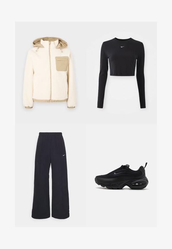 Cream fleece jacket with a beige quilted hood and pocket. Features elastic cuffs and hem, gold zipper, and adjustable drawstrings.; Black long-sleeve cropped top made of smooth fabric, featuring a round neckline and a white Nike logo on the chest.; Black wide-leg pants with an elastic waistband and a small white Nike logo. Fabric has a smooth texture, designed for comfort and casual wear.; Black athletic shoe with a smooth, textured upper. Features a round toe, padded collar, and visible air cushioning in the sole.