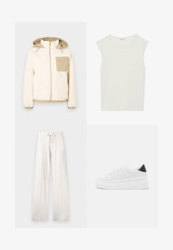 Kermanvärinen fleece-takki, jossa on beige tikattu huppu ja tasku. Ominaisuuksiin kuuluvat joustavat hihansuut ja helma, kultainen vetoketju sekä säädettävät kiristysnauhat.; Valkoinen hihaton paita, jossa on pyöreä kaula-aukko. Valmistettu sileästä kankaasta, siinä on rento istuvuus ja minimalistinen muotoilu. Ei kuvioita tai koristeita.; Vaaleanbeiget collegehousut, joissa on pehmeä kangas, nyörikuja vyötäröllä, leveät lahkeet ja pystysaumat, sekä sileä pinta.; Valkoiset alustasneakerit, jotka on valmistettu sileästä synteettisestä materiaalista. Niissä on pyöreä kärki, nauhakiinnitys ja teksturoitu kumipohja. Musta kantakorko korostaa ilmettä.