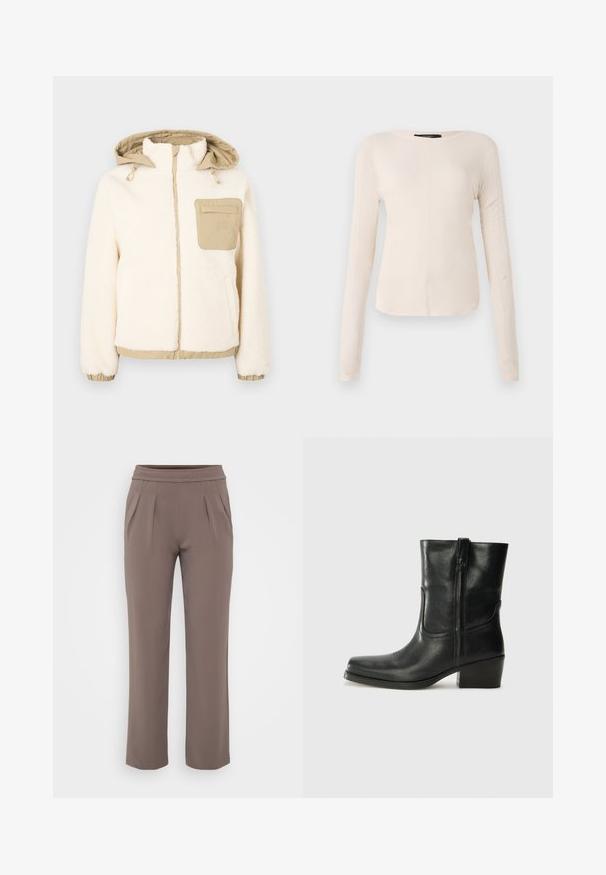 Krémová fleecová bunda s béžovou prošívanou kapucí a kapsou. Má elastické manžety a spodní lem, zlatý zip a nastavitelné stahovací šňůrky.; Dlouhý rukáv, světle béžový top s kulatým výstřihem. Vyrobeno z jemné látky, má středový šev a mírně zaoblený lem. Bez viditelné kovové úpravy.; Taupe volné kalhoty s elastickým pasem a předními záhyby, vyrobené z hladkého materiálu.; Černá kožená kotníková bota s kulatou špičkou, blokovým podpatkem, bočním zipem a prošíváním na svršku. Hladký povrch, klasický design.