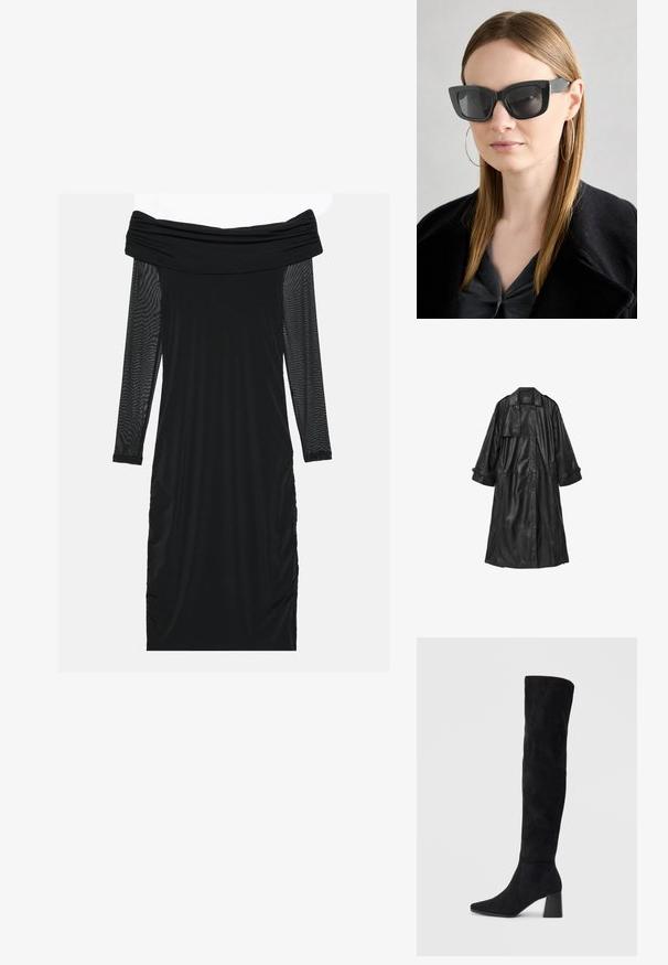 Černý kožený trenčkot s dvouřadým zapínáním, širokými rukávy a páskem v oblasti pasu. Obsahuje velký límec a boční kapsy.; Černé šaty bez ramínek s dlouhými průhlednými síťovanými rukávy, nabíranými boky, hladkým materiálem a přiléhavým střihem.; Černé semišové vysoké boty s blokovým podpatkem, špičatou špičkou a hladkým, bezšvovým designem na jednoduchém světlém pozadí.; Černé sluneční brýle ve stylu kočičího oka s tmavými skly, silnými rámy a jemnými detaily. Nosené s černým kabátem a šedým topem, s dlouhými rovnými vlasy.