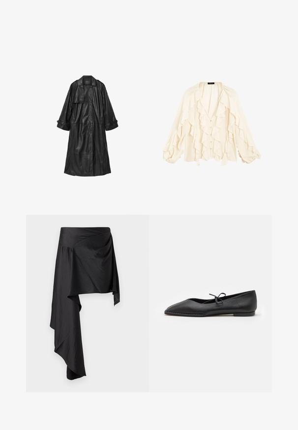 Černý kožený trenčkot s dvouřadým zapínáním, širokými rukávy a páskem v oblasti pasu. Obsahuje velký límec a boční kapsy.; Massimo Dutti FLOWING GARMENT WITH RUFFLES - Košilová halenka - beige; Černá obálková sukně vyrobená z hladkého, lehkého materiálu. Disponuje asymetrickým spodním lemem a nařasením v oblasti pasu pro splývavý siluetu.; ALOHAS SWAY - Klasické baleríny - black