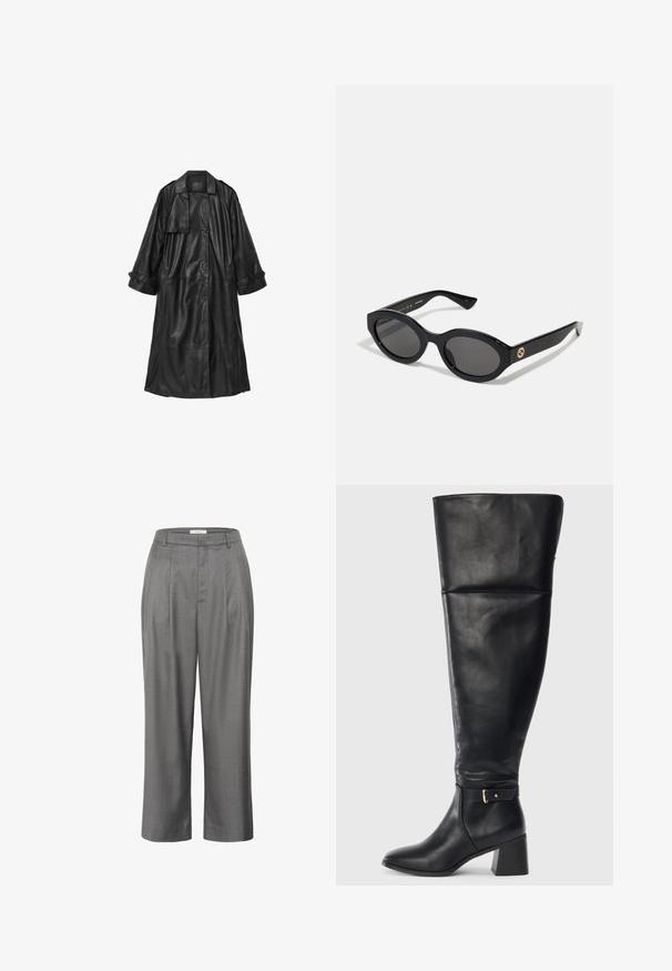 Cămașă lungă din piele neagră cu un design cu două rânduri de nasturi, mâneci largi și talie cu curea. Dispune de un guler mare și buzunare laterale.; Cămașă albastru deschis cu mânecă lungă, guler cu butoane, un singur buzunar pe piept și o croială lejeră. Textură de țesătură netedă și design clasic.; Pantaloni gri, croiți cu un fit drept, cu față pliată, textură de țesătură netedă și un design clasic al taliei.; Botă de piele neagră, până la genunchi, cu toc bloc și curea decorativă cu cataramă aurie deasupra gleznei, văzută din lateral pe un fundal alb.; Ochelari de soare ovali negri cu lentile întunecate și ramă din plastic lucios. Prezintă un logo aurit pe bradă, oferind un design elegant și modern.