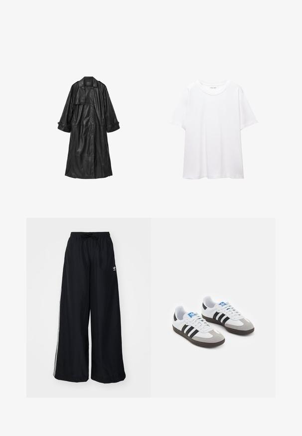 Črni usnjeni plašč s dvojno zaponko, širokimi rokavi in pasom. Ima velik ovratnik in stranske žepke.; Navadna bela majica iz bombaža s krožnim izrezom, kratkimi rokavi in sproščenim krojem. Gladka tekstura brez vzorcev ali okrasov.; Črne široke hlače iz lahkega blaga. Imajo elastičen pas z vrvico in bele stranske črte. Logotip blagovne znamke na boku.; Športni čevlji z belim usnjenim zgornjim delom, sivim semišem na prstih in tremi črnimi črtami. Imajo modro logo na jeziku in teksturiran gumijast podplat.